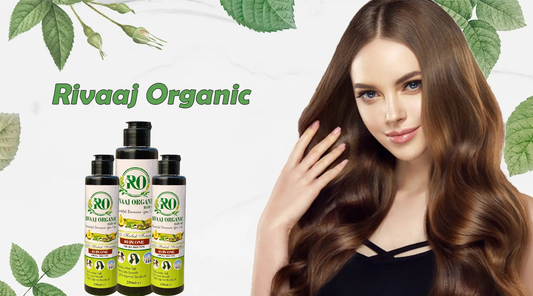 Woman with long hair and Rivaaj Organic hair care products on a green leafy background