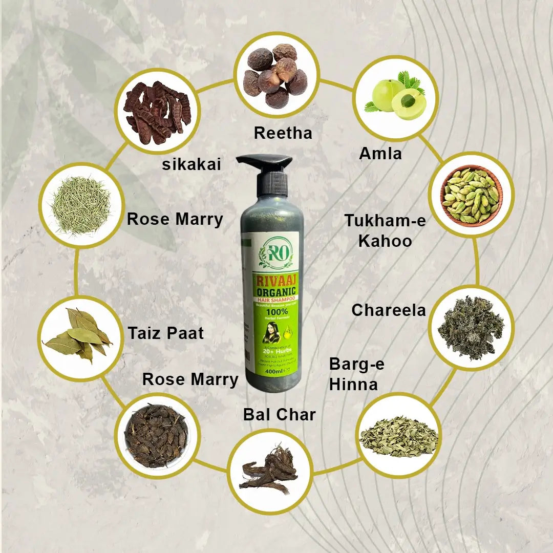 Rivaan Organic shampoo bottle surrounded by illustrations of ingredients on a textured background